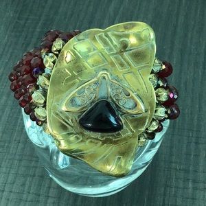 Art Deco Brass and Onyx center 6 row ruby red bead